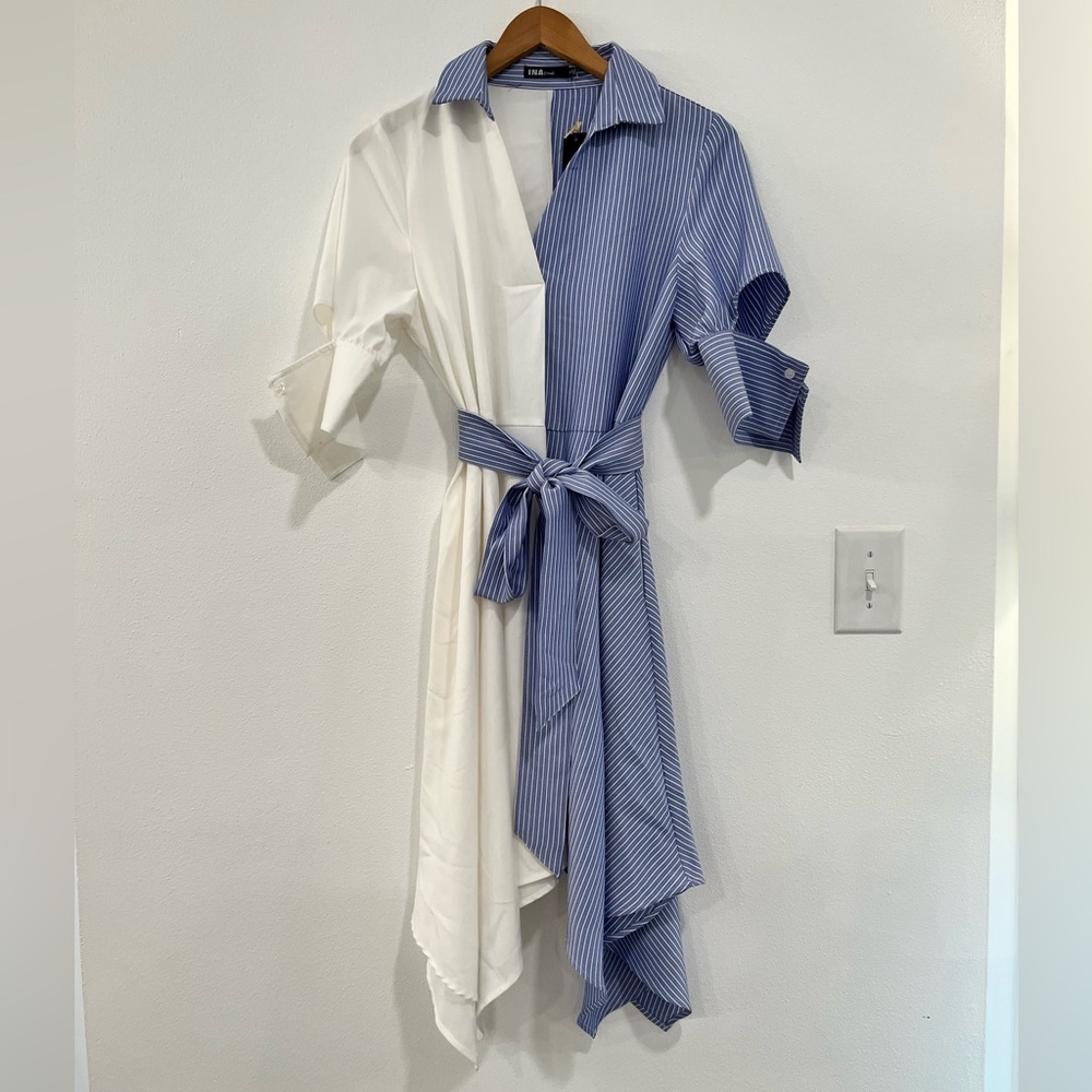 I:NA blue & white colorblock striped asymmetrical hem tie waist shirt dress NWT - Picture 2 of 16